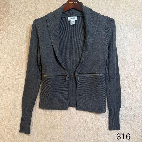 Carmen Marc Valvo Gray Knit Long Sleeve Open Front Knit Cardigan Sz XS‎ - Picture 1 of 9